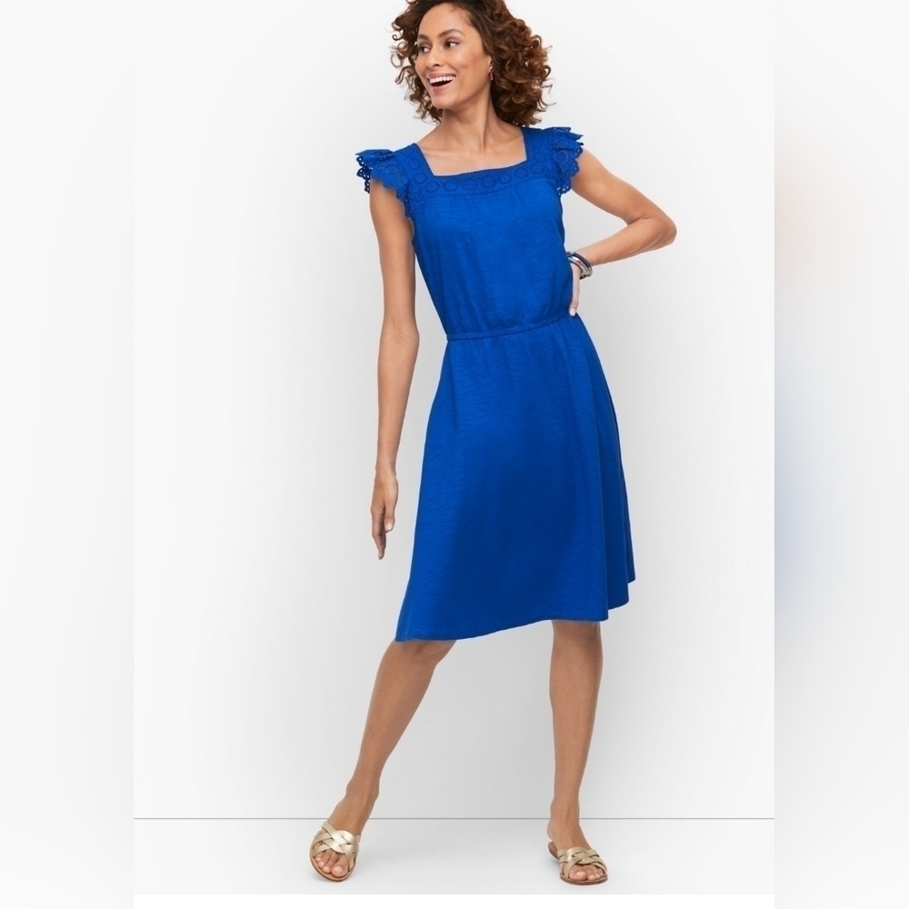 Talbots Port Blue Eyelet Salud Knit Fit & Flare Sleeveless Dress Size M
